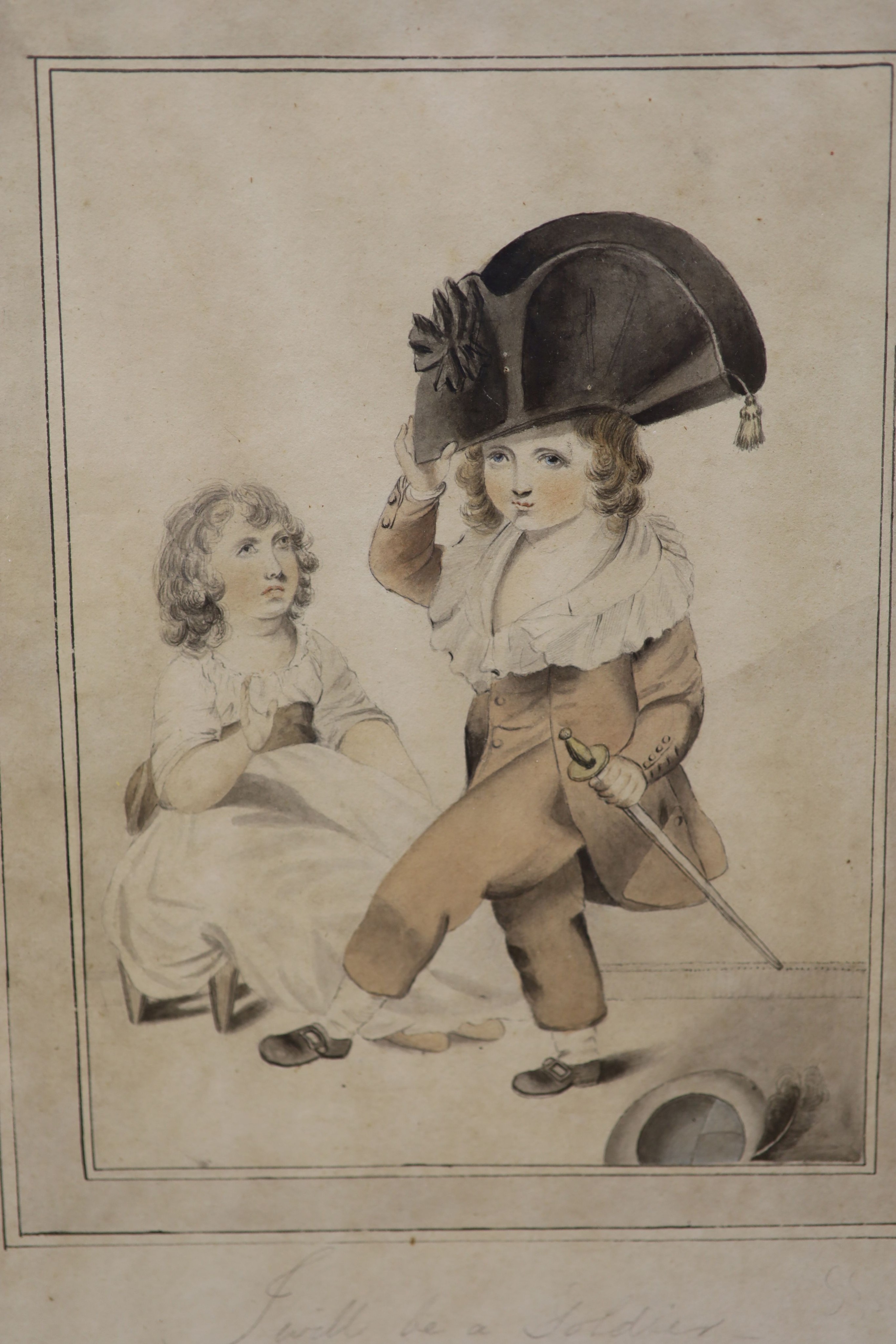 19th century English School, a pair of watercolour of children dressing up, ‘I will be a Lady’ & ‘I will be a Soldier’, 24 x 19cm, overall 39 x 26cm.